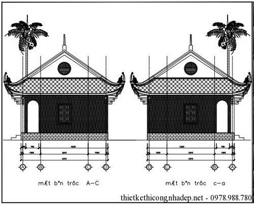 Mặt bên trục A-C và bản vẽ mặt bên trục C-A của nhà thờ họ 4 mái