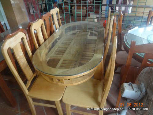 Bàn ăn gỗ sồi kiểu dáng hiện đại 6 ghế mặt kính chống nứt mặt bàn