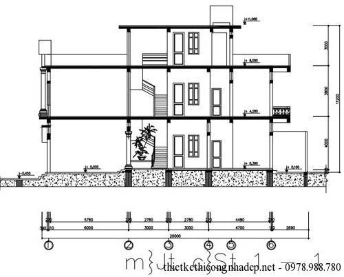 Bản vẽ thiết kế nhà phố 3 tầng mái bằng diện tích 5 x 20