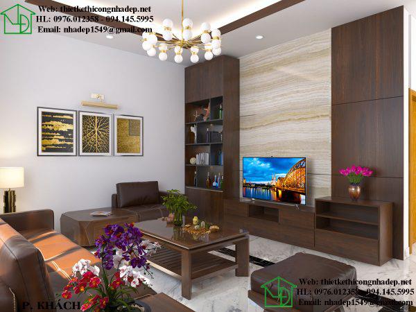Thiết kế nội thất phòng khách với chất liệu gỗ óc chó và đá vân mây