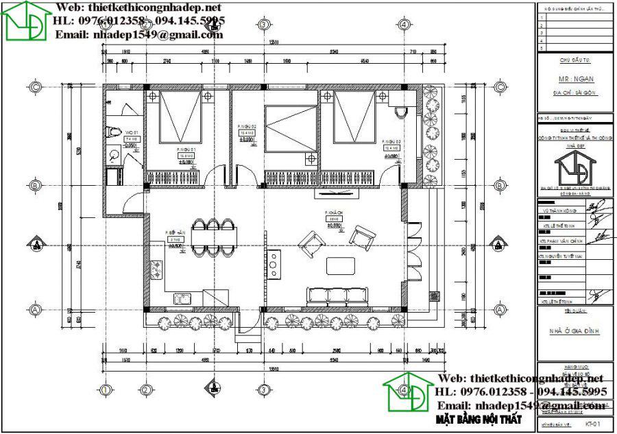 Bản vẽ thiết kế nhà Cấp 4 Mái Thái Đơn Giản 9.6x13.5m