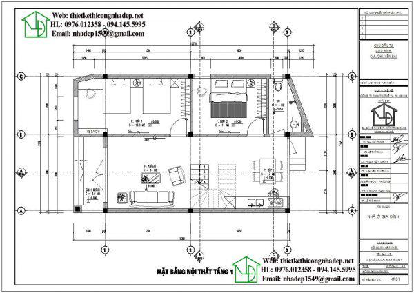Mặt bằng bố trí nội thất tầng 1 mẫu nhà 2 tầng mái bằng NDMN2T11