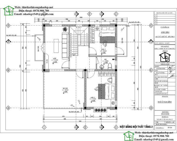 Mặt bằng tầng 2 mẫu biệt thự 2 tầng 10x11m