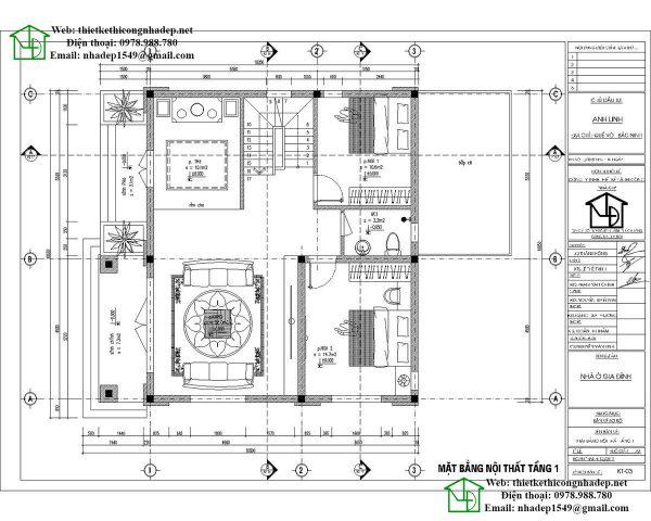 Mặt bằng tầng 1 mẫu biệt thự 2 tầng 10x11m 