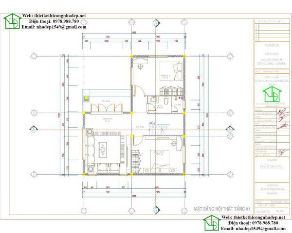 mặt bằng tầng 1 mẫu biệt thự 2 tầng 9x10m