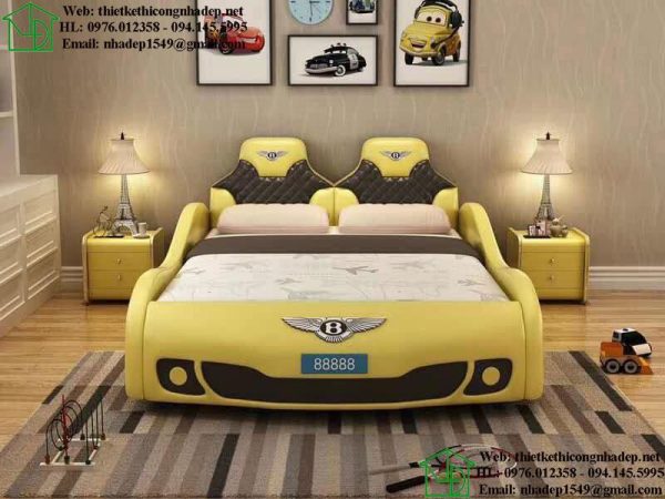 Giường ngủ ô tô bọc da màu vàng