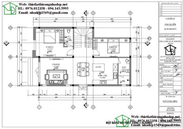 Bản vẽ xây dựng nhà 2 tầng 8x12m phong cách hiện đại NDNP2T11. 