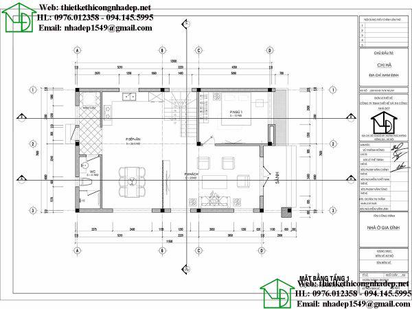 Mặt bằng nội thất tầng 1 mẫu nhà cấp 4 mái xéo tại Nam Định NDNC4114