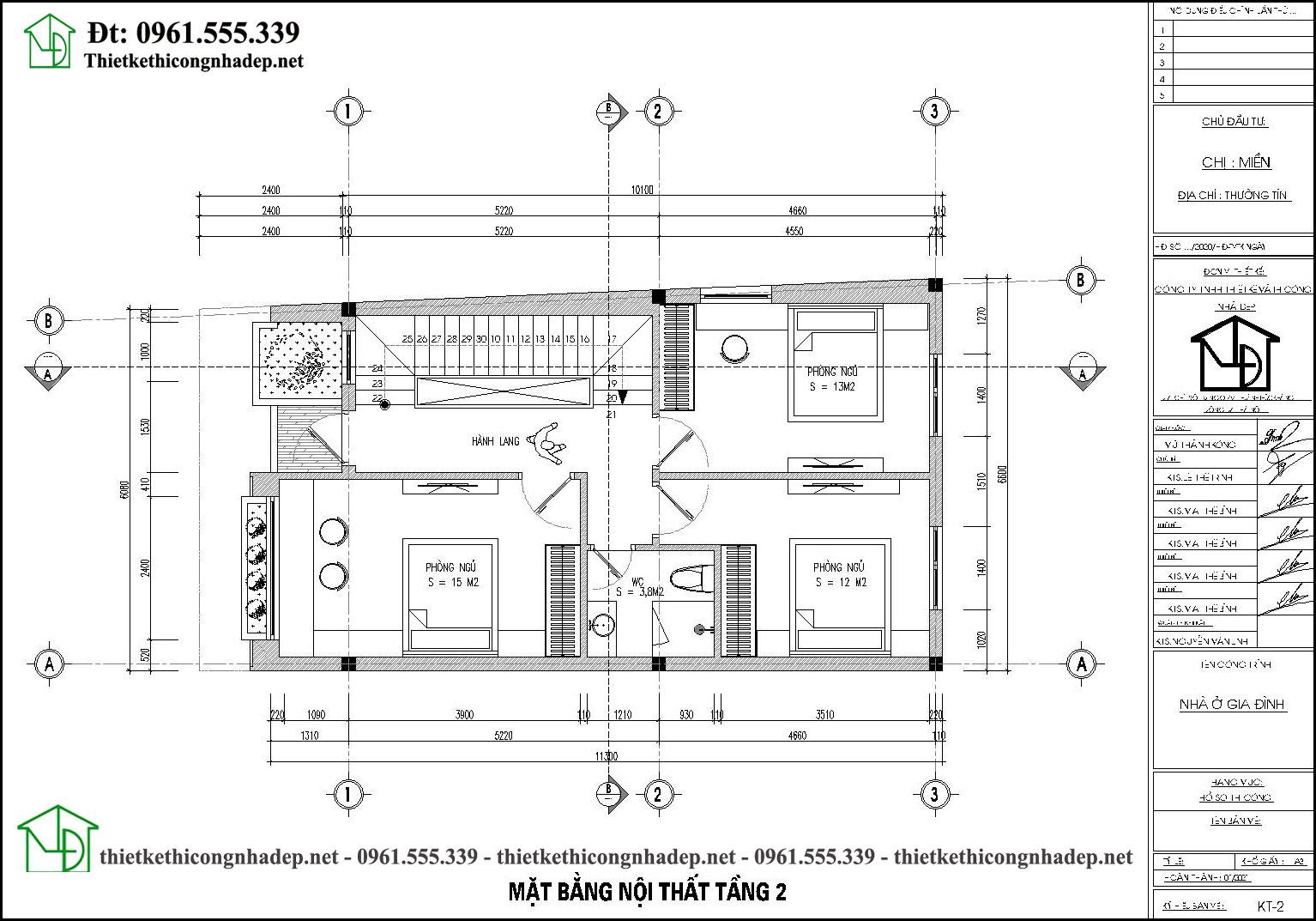 Bản vẽ mặt bằng nội thất tầng 2 nhà ống 3 tầng 6x10m NDNP3T63