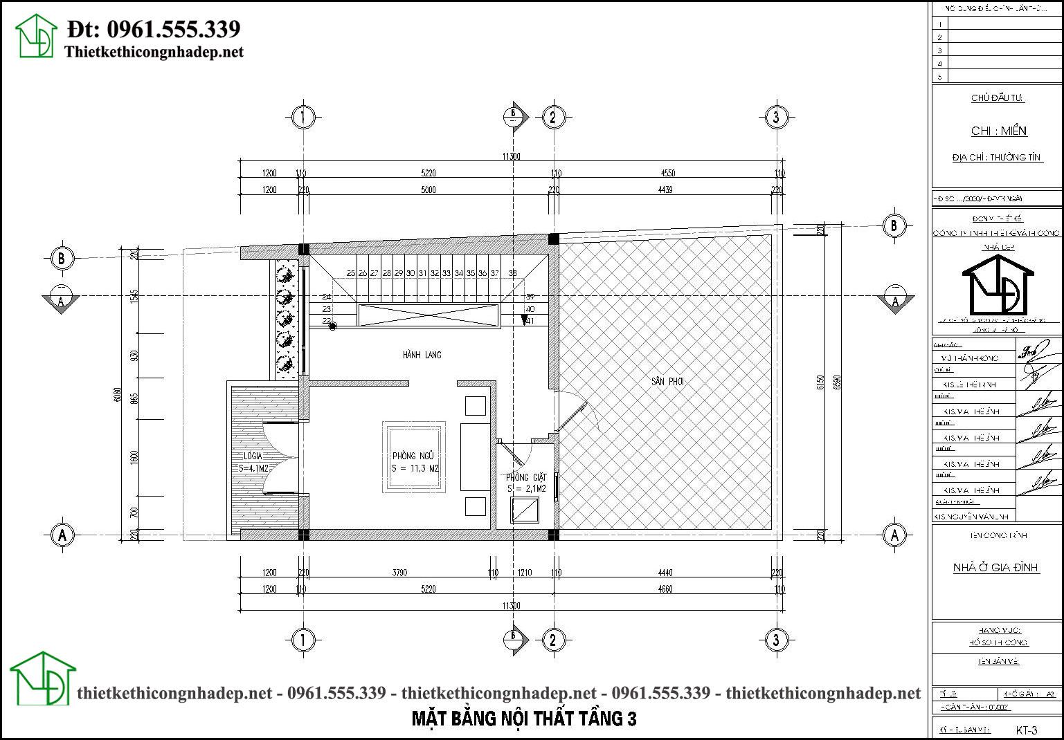 Bản vẽ mặt bằng nội thất tầng 3 nhà ống 3 tầng 6x10m NDNP3T63