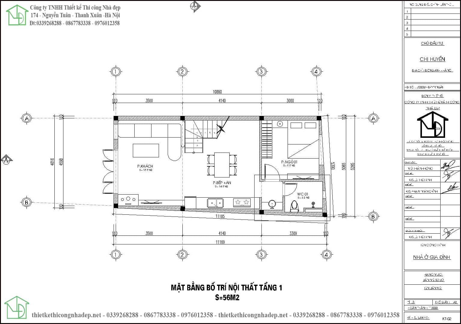 Mặt bằng nội thất tầng 1 nhà ống 3 tầng 5x11m NDNP3T60