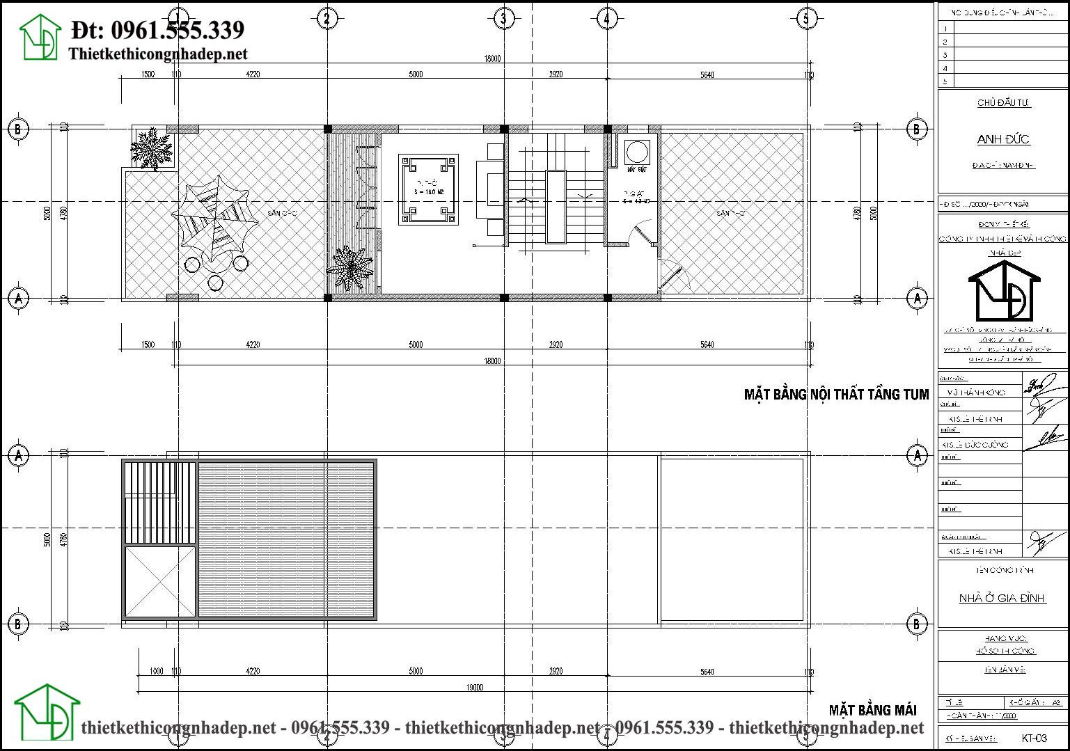 Mặt bằng nội thất tầng 3 và tầng mái nhà ống 3 tầng 5x18m NDNP3T62