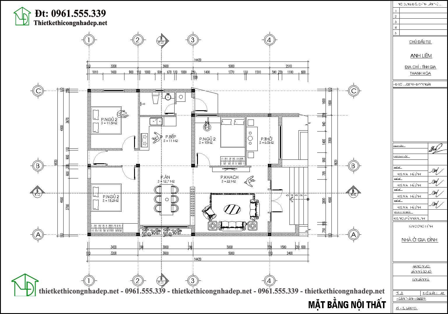 Mặt bằng nội thất mẫu nhà cấp 4 mái thái diện tích 9x14m NDNC4165