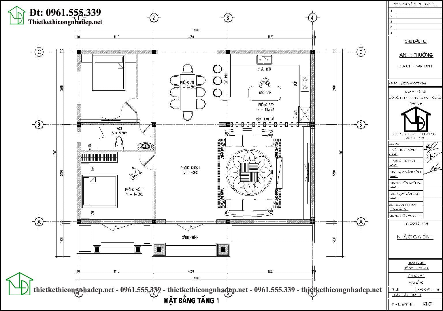 Mặt bằng nội thất nhà cấp 4 mái thái có 2 phòng ngủ 13x11m NDNC4166