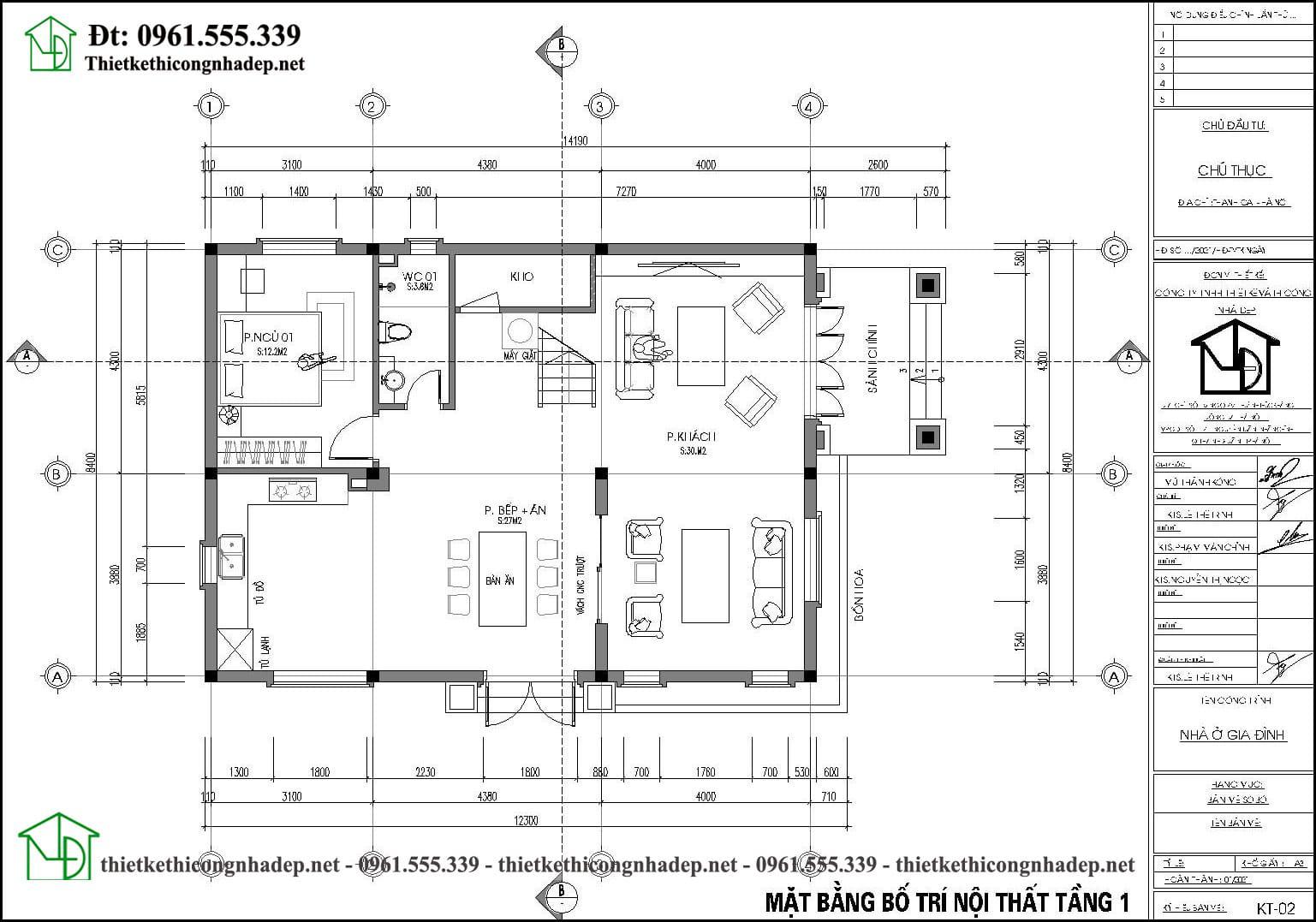 Mặt bằng nội thất tầng 1 biệt thự 2 tầng tân cổ điển 8.5x14m NDBT2T107