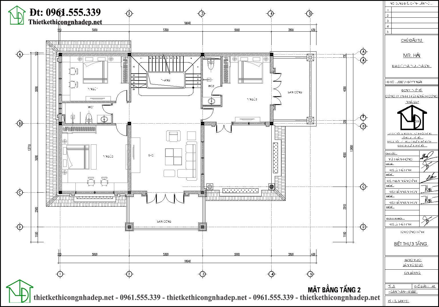 Mặt bằng nội thất tầng 2 biệt thự 3 tầng tân cổ điển 13x19m NDBT3T26