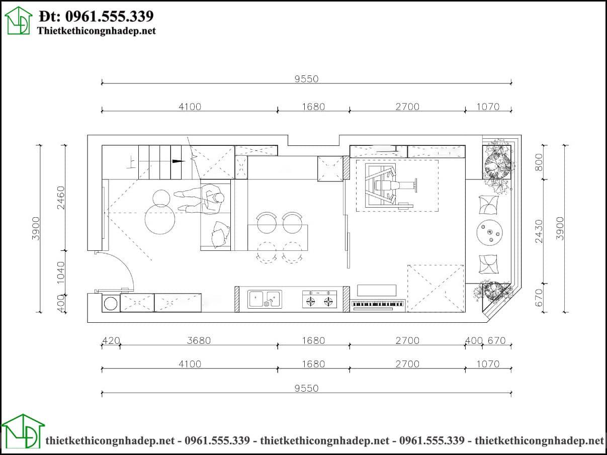 Bản vẽ mặt bằng bố trí nội thất tầng 1 của mẫu nhà cấp 4 có gác lửng 4x10m NDNC4168