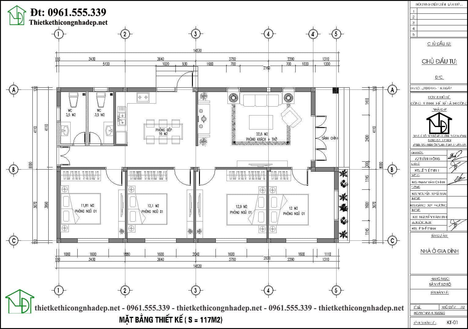Mặt bằng nội thất nhà cấp 4 mái thái 4 phòng ngủ 8x14m NDNC4168