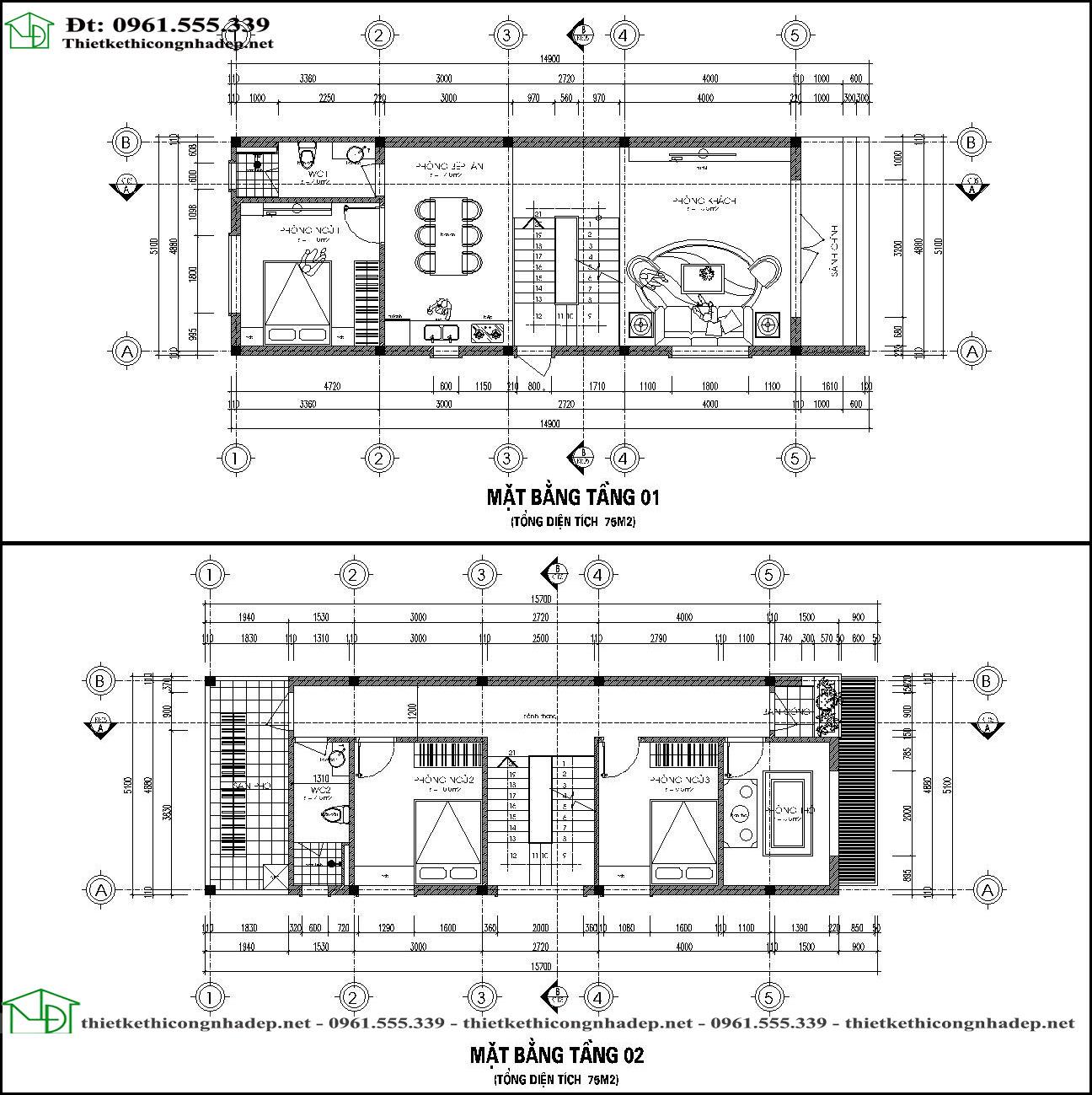 Mặt bằng nội thất mẫu thiết kế nhà ống 2 tầng mái thái 5x15m tại Vĩnh Phúc NDNP2T33