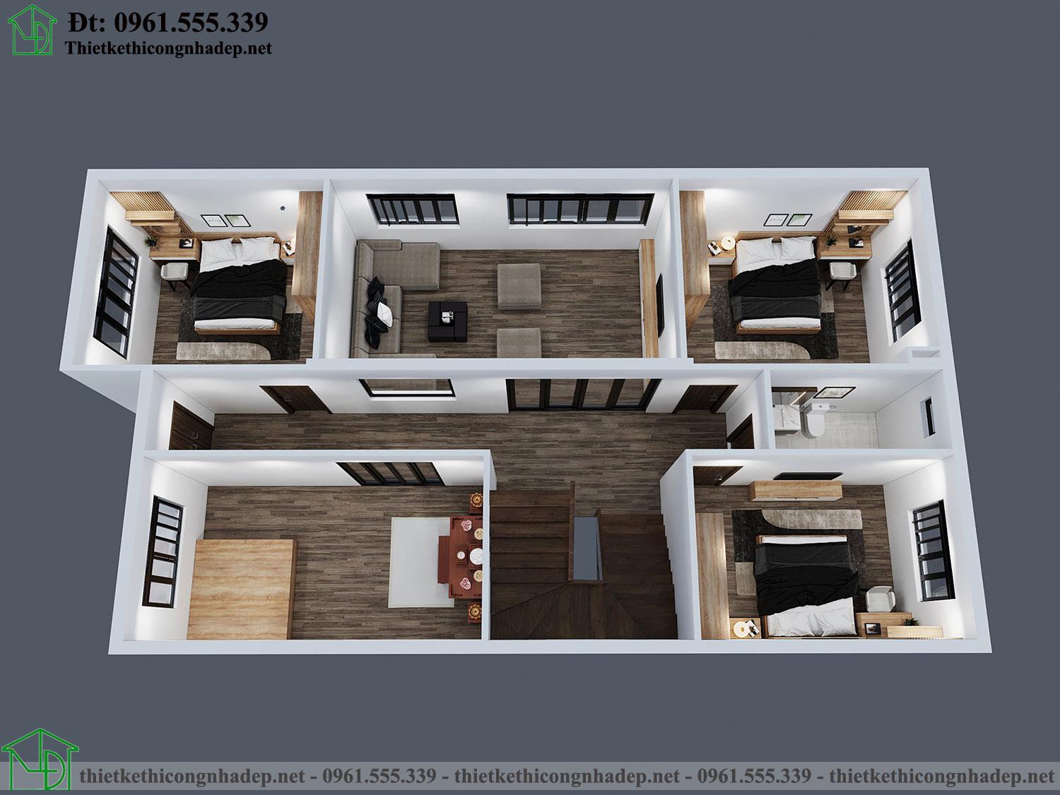 Mặt bằng nội thất tầng 1 mẫu nhà 2 tầng mái nhật 9x20m NDMN2T13