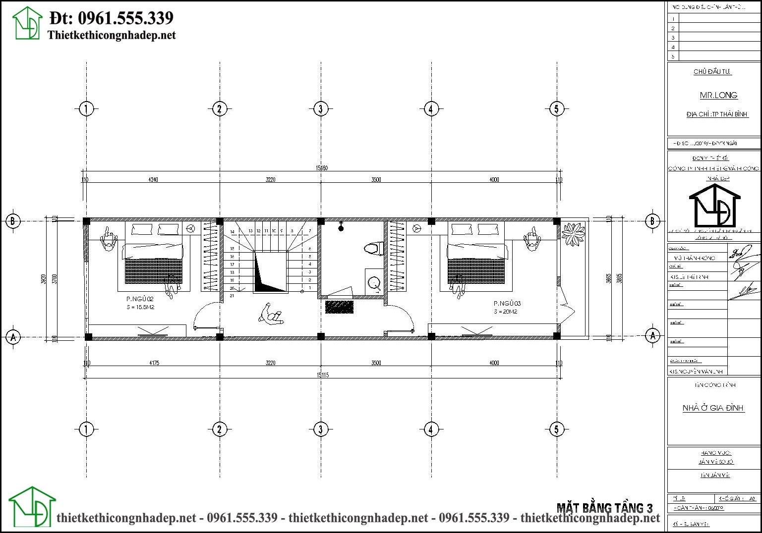 Mặt bằng tầng 3 thiết kế nhà ống 4 tầng 4x15m tai Hải Dương NDNP4T14