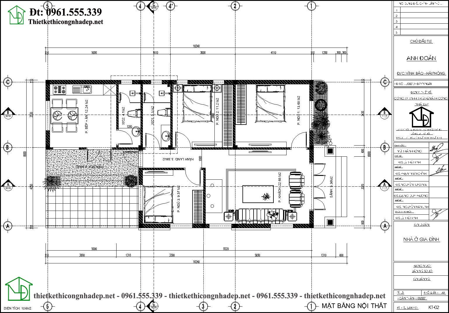 Mặt bằng bố trí nội thất nhà cấp 4 mái nhật 3 phòng ngủ 8x16m NDNC4180