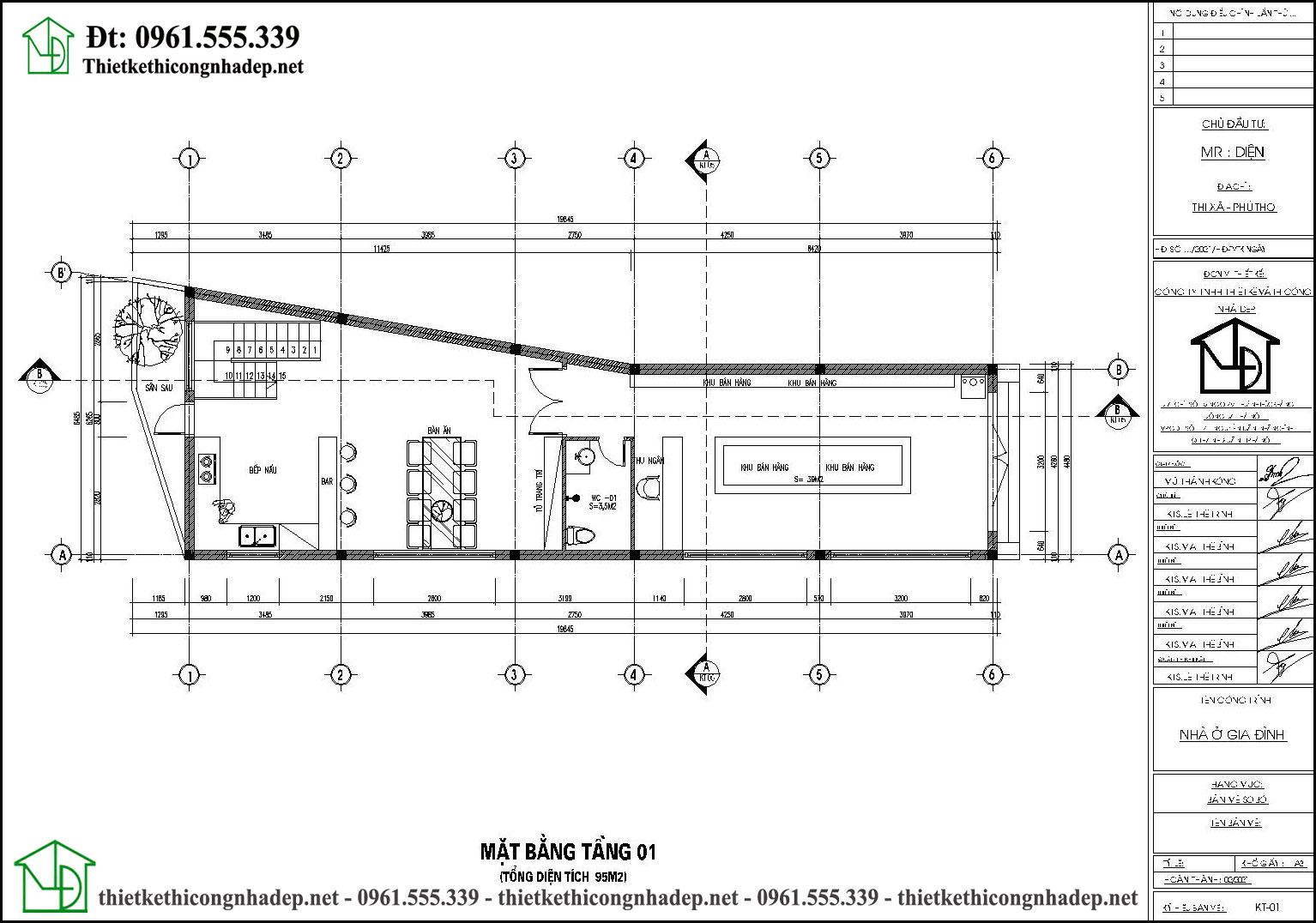 Mặt bằng tầng 1 thiết kế nhà phố 3 tầng có gác lửng 4.5x20m tại Phú Thọ NDNP3T69