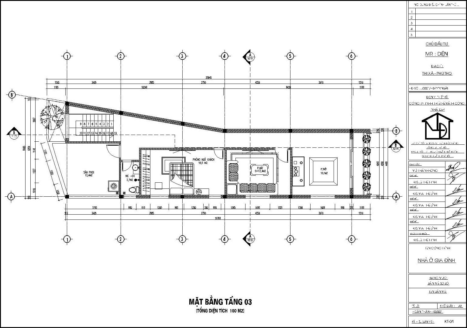 Mặt bằng tầng 3 thiết kế nhà phố 3 tầng có gác lửng 4.5x20m tại Phú Thọ NDNP3T69
