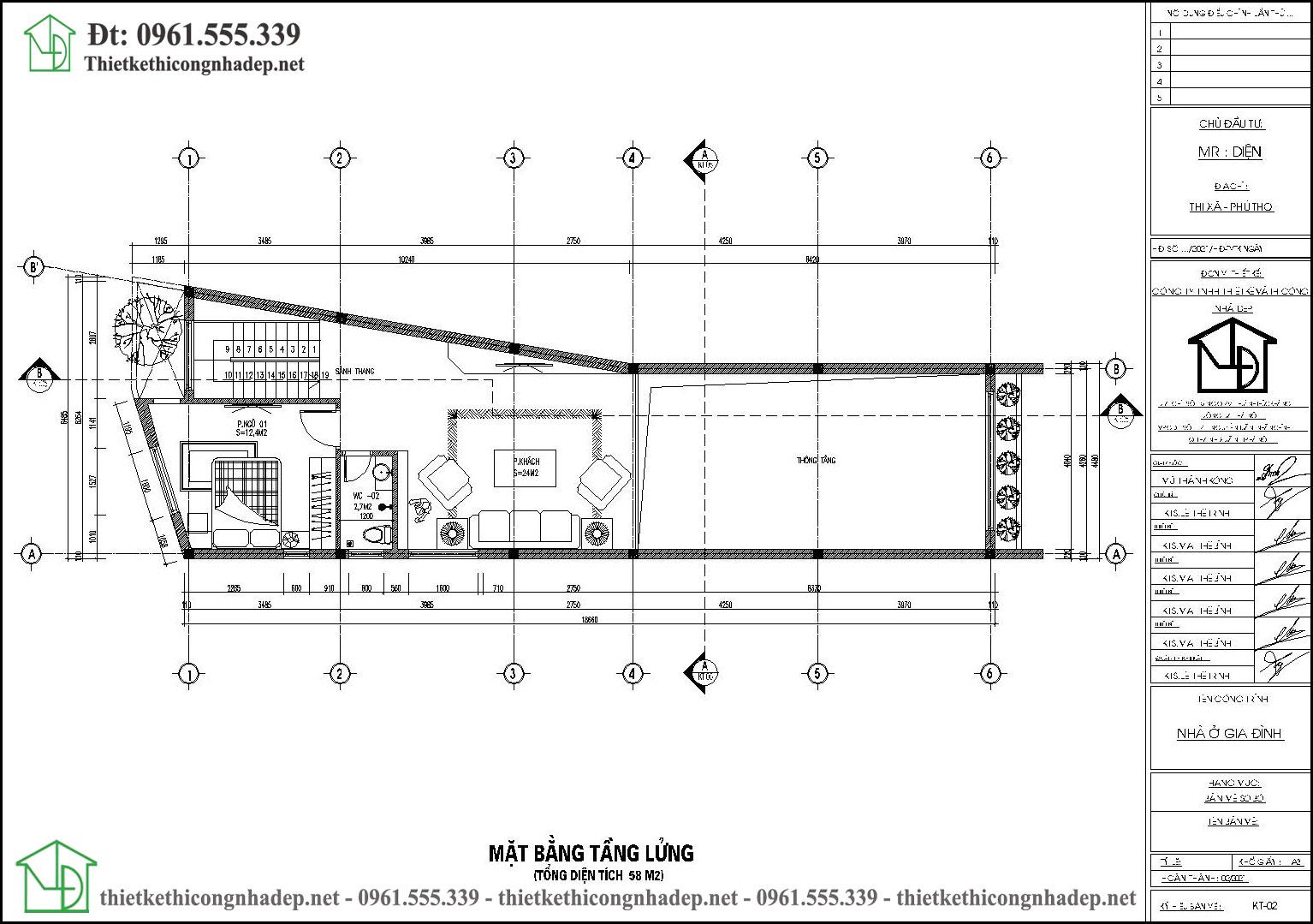 Mặt bằng tầng lửng thiết kế nhà phố 3 tầng có gác lửng 4.5x20m tại Phú Thọ NDNP3T69