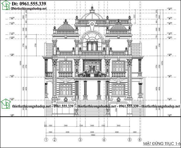 Bản vẽ mặt đứng trục 1-6 thiết kế lâu đài cổ điển 16x15m NDBTCDP7