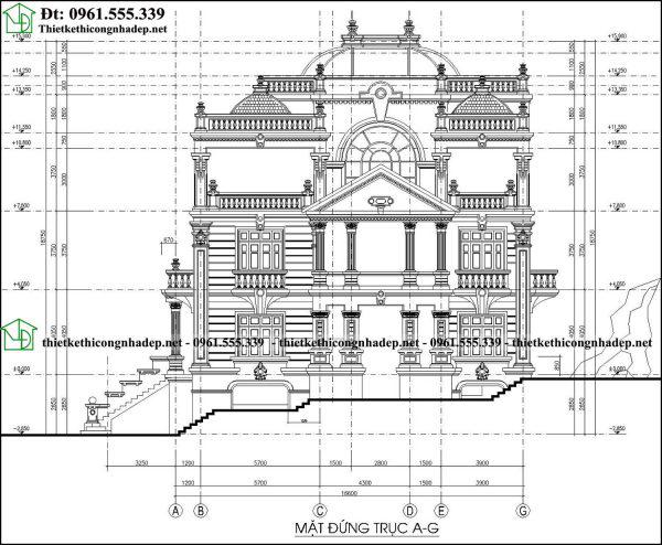 Bản vẽ mặt đứng trục A-G thiết kế lâu đài cổ điển 16x15m NDBTCDP7