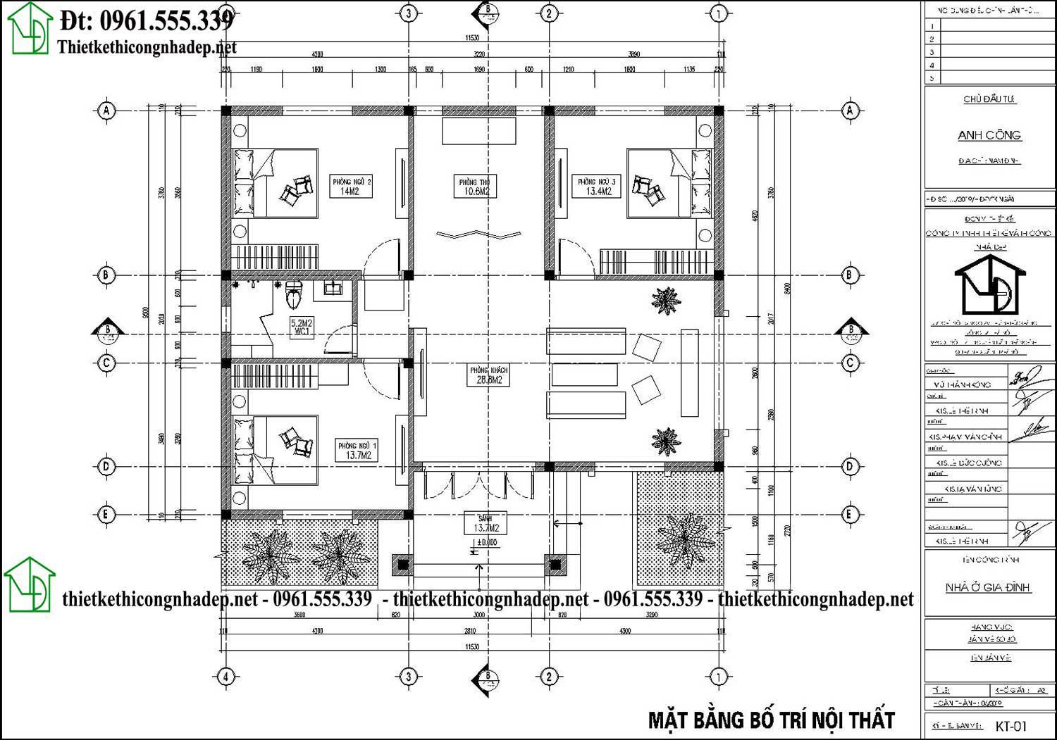 Mặt bằng nội thất mẫu nhà cấp 4 12x10m có 3 phòng ngủ 1 phòng thờ mái thái đẹp NDNC4189