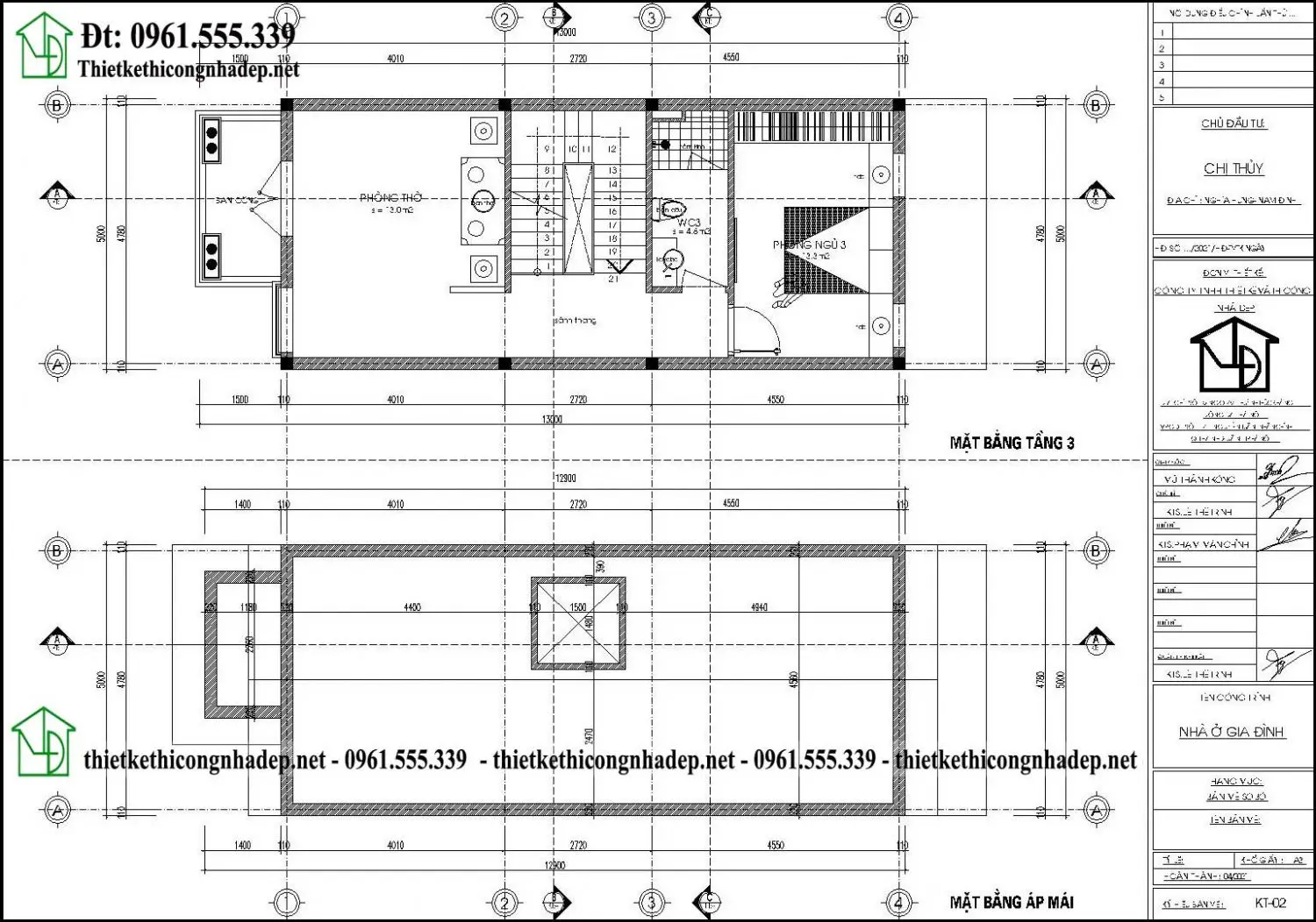 Mặt bằng tầng 3 và tầng mái mẫu thiết kế nhà phố 3 tầng tân cổ điển 5x13m NDNP3T71