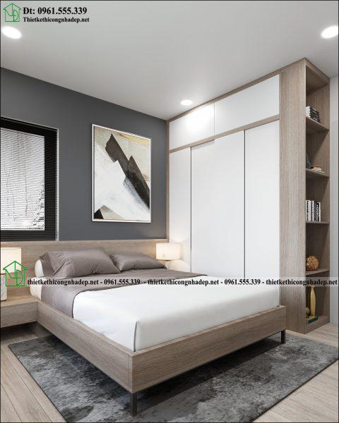 Phòng ngủ 1 - Thiết kế nội thất phòng ngủ gỗ công nghiệp hiện đại mẫu nhà cấp 4 có gác lửng 10x10