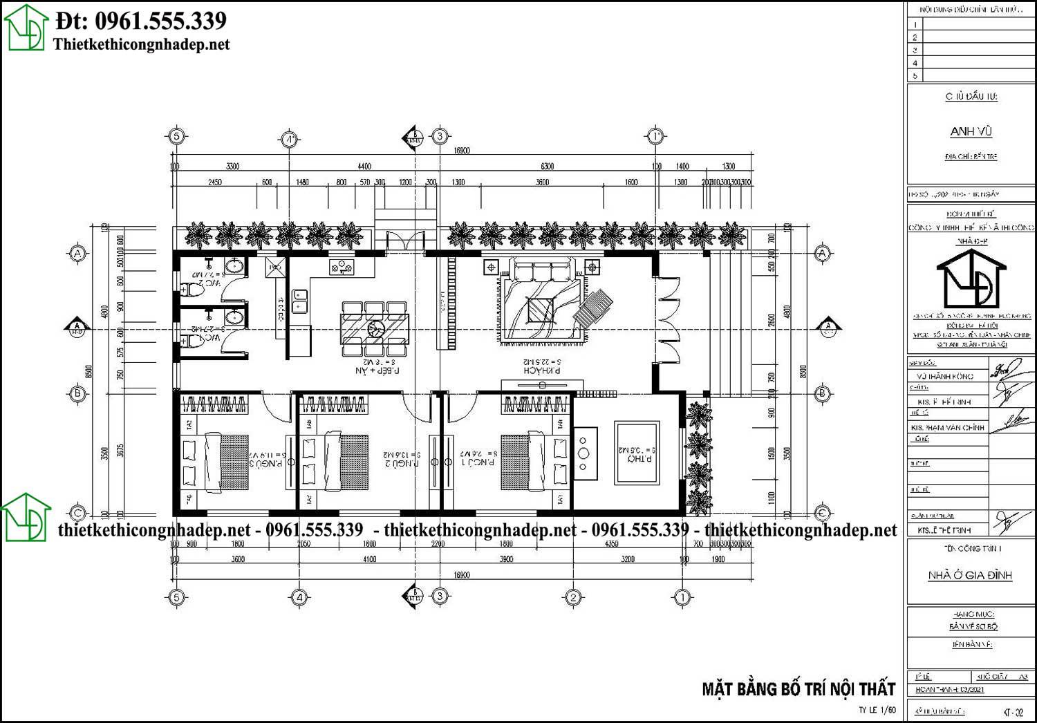 Mặt bằng tầng 1 thiết kế nhà cấp 4 mái thái 3 phòng ngủ 8x16m NDNC4190