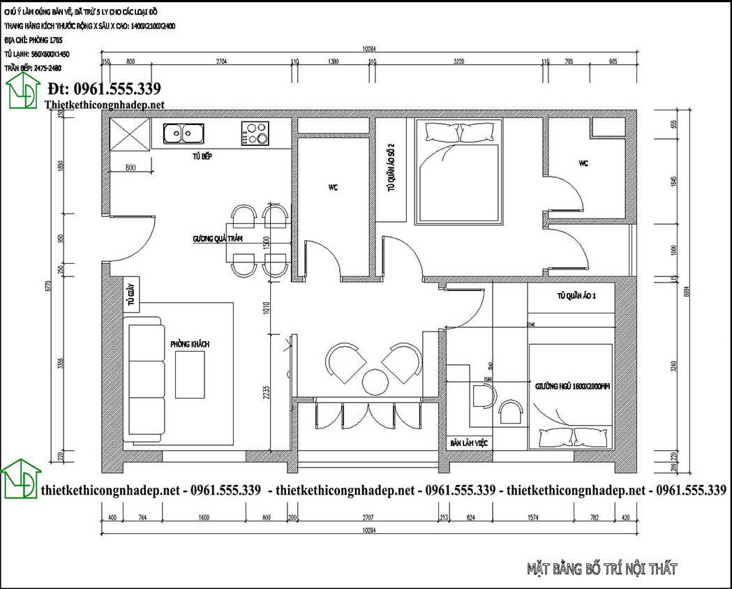 Mặt bằng bố trí nội thất chung cư 2 phòng ngủ 70m2 NDCC67