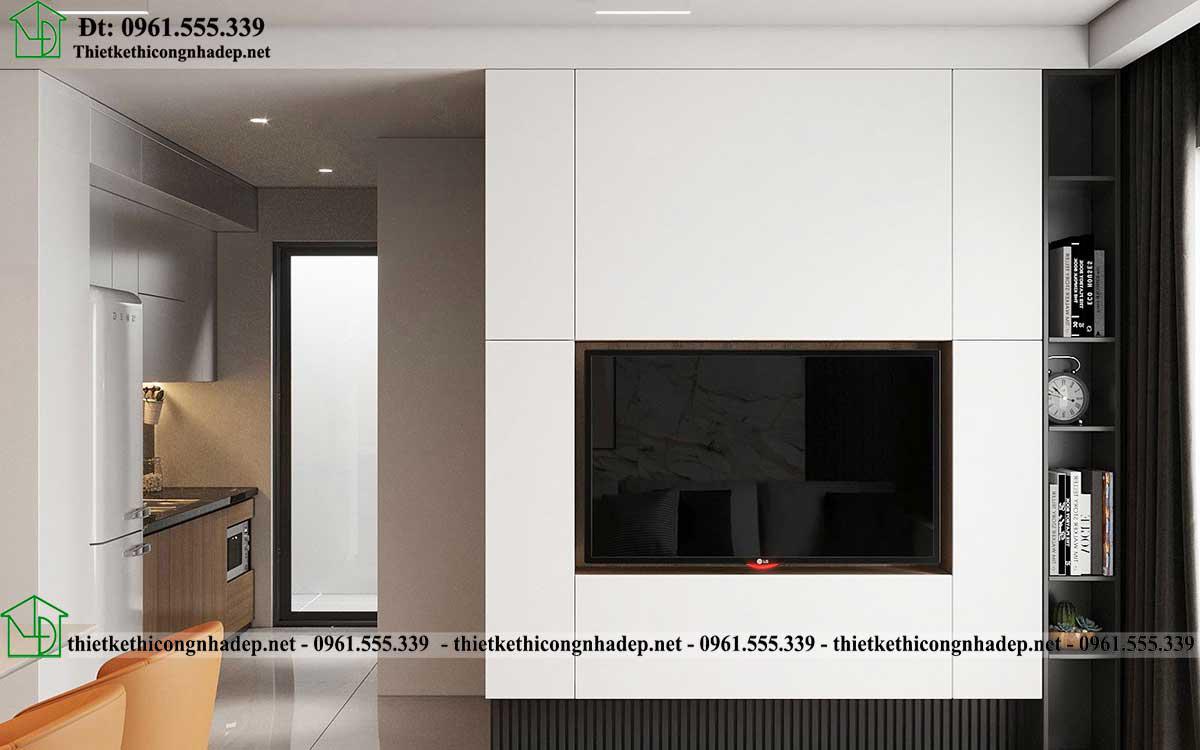 Thiết kế vách và kệ tivi phòng khách chung cư NDCC66