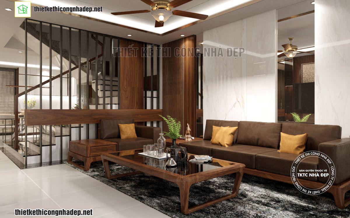 Thiết kế nội thất phòng khách gỗ óc chó đẳng cấp tại Bắc Giang NDNTPK01